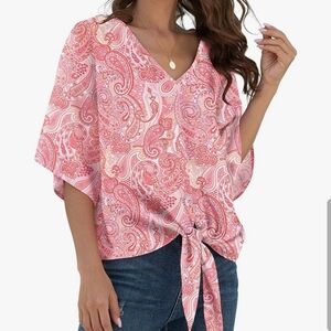 Pink and White 3/4 Sleeve Tie-Front Blouse